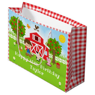 Bolsa De Regalo Grande Granja Red Barn Brown Hair Boy Feliz Cumpleaños