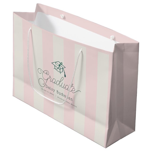 Bolsa De Regalo Grande Green Cap Pink Stripes Bow Graduation (Angulo Anverso)
