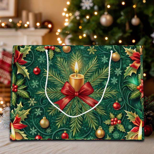 Bolsa De Regalo Grande Green Pattern Gold Candle Poinsettia Flower (Subido por el creador)