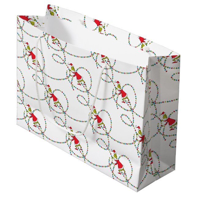Bolsa De Regalo Grande Grinch | Patrón de Luces de Navidad (Angulo Anverso)