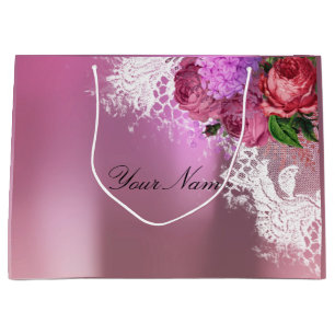 Bolsa De Regalo Grande Gris Rosa Peony Rojo Blanco Nombre de encaje metál