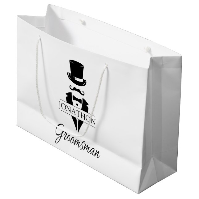 Bolsa De Regalo Grande Groomsman Nombre Black Tie Mustache (Angulo Anverso)