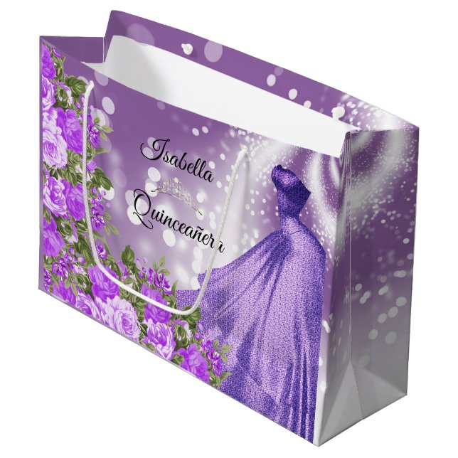 Bolsa De Regalo Grande Guata y flores púrpura de Quinceañera (Angulo Anverso)