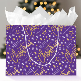 Bolsa De Regalo Grande Guión de Feliz Navidad Personalizado Purpura Dorad