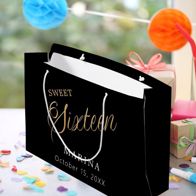 Bolsa De Regalo Grande Guión de nombre de oro negro Sweet 16 (Subido por el creador)