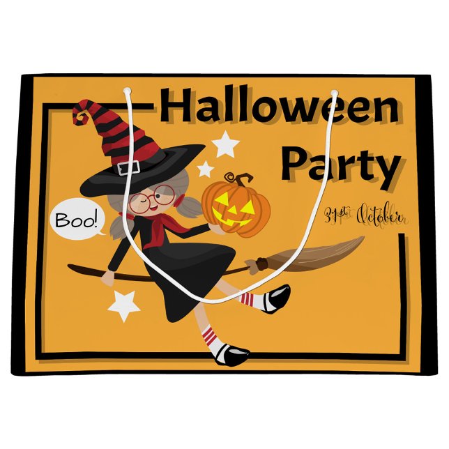 Bolsa De Regalo Grande Halloween (Illustration of a Halloween Party bag, featuring a cartoon witch riding a broomstick.)
