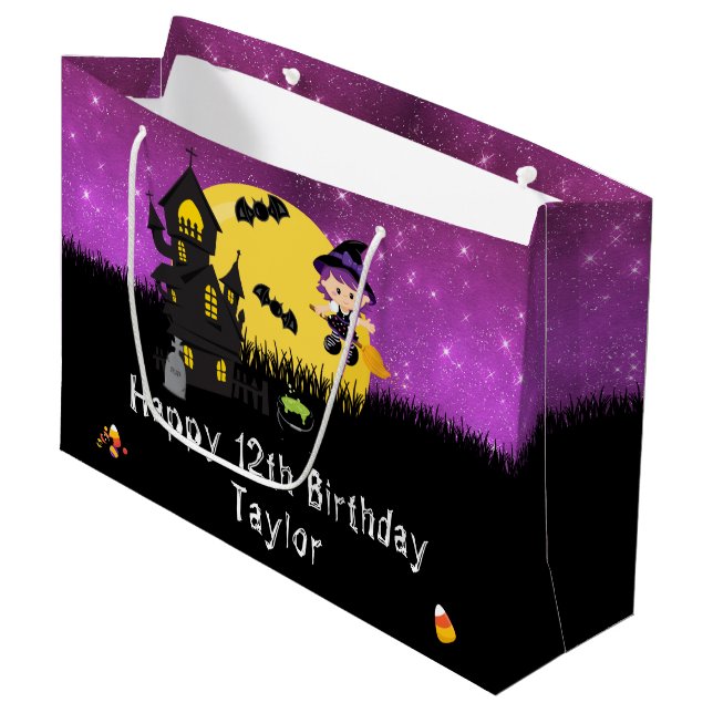 Bolsa De Regalo Grande Halloween Happy Birday Witch Bright Purple (Angulo Anverso)