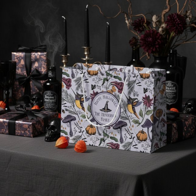 Bolsa De Regalo Grande Halloween Hummingbird Garden Purple (Spooky Hummingbird & Flowers Fall Pattern Halloween Gift Bag. Hummingbird with Witch Hat, Pumpkins)