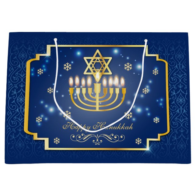 Bolsa De Regalo Grande Hanukkah decorativo azul y dorado (Anverso)
