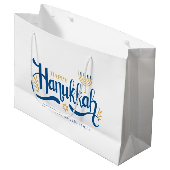 Bolsa De Regalo Grande "Hanukkah feliz" oro Menorah (Angulo Anverso)