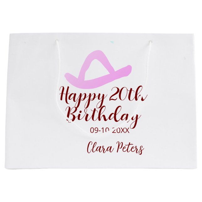 Bolsa De Regalo Grande Happy 20th birthday pink cowboy girl name date sim (Anverso)