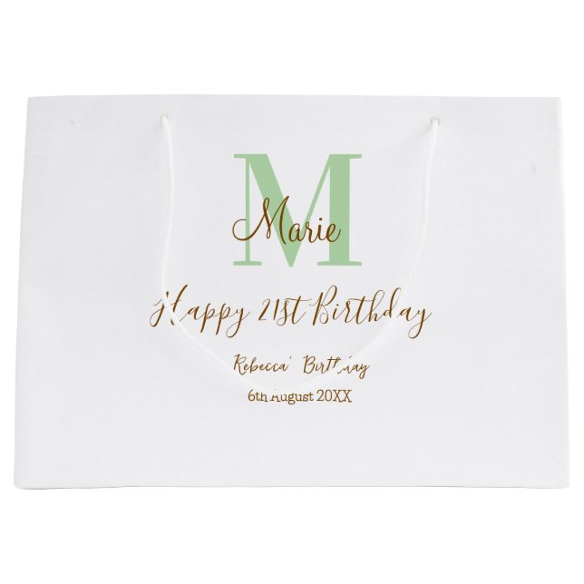 Bolsa De Regalo Grande Happy 21st Birthday green add name monogram brown  (Anverso)