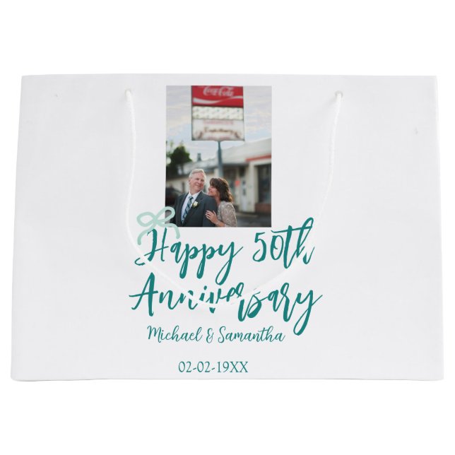 Bolsa De Regalo Grande Happy 50th anniversary photo turquoise bow name da (Anverso)