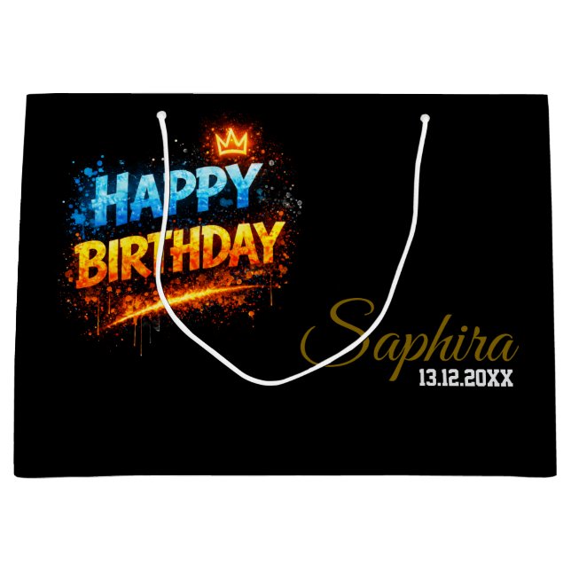 Bolsa De Regalo Grande Happy Birthday Fire & Ice Splash Design (Custom) (Anverso)