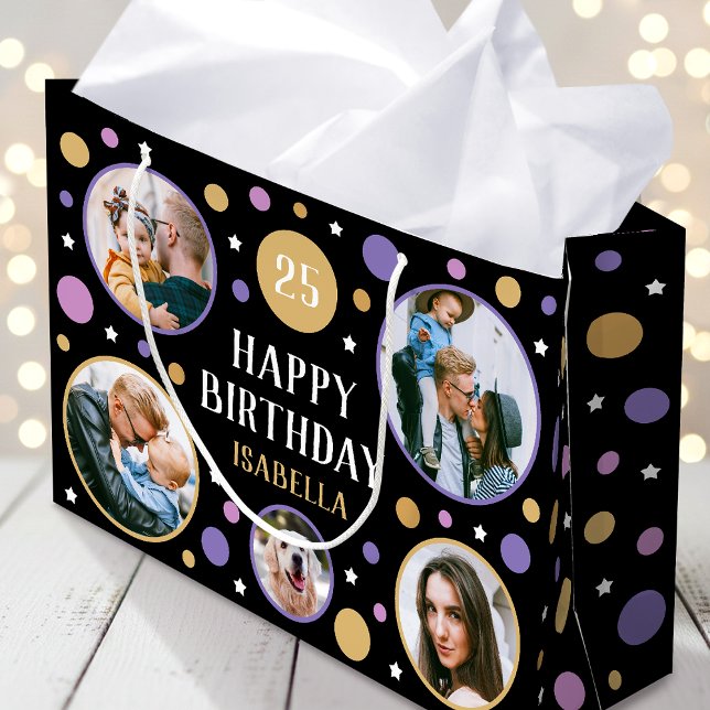 Bolsa De Regalo Grande Happy Birthday Photo Collage Any Age 25th Purple (Subido por el creador)