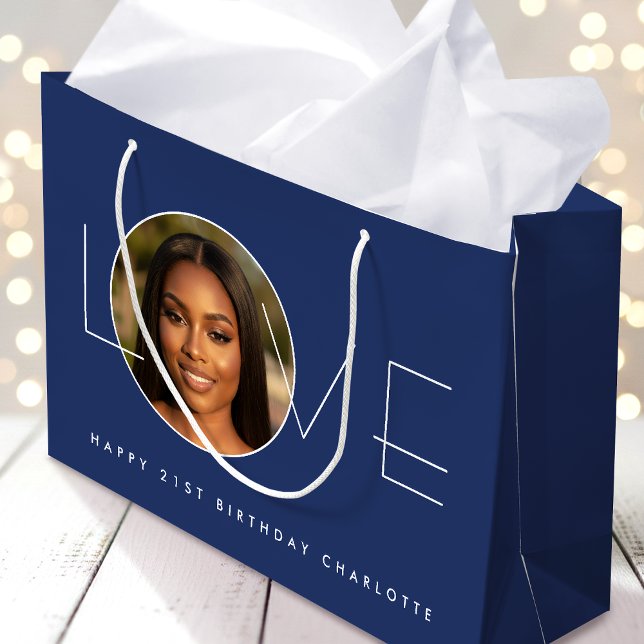 Bolsa De Regalo Grande Happy Birthday Photo Love Typography Chic Navy (Subido por el creador)