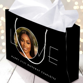 Bolsa De Regalo Grande Happy Birthday Photo Love Typography Elegant Black