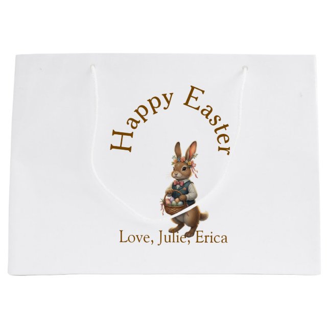 Bolsa De Regalo Grande Happy Easter brown bunny with eggs love add name  (Anverso)