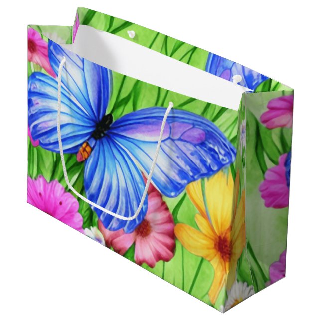 Bolsa De Regalo Grande Hermosa mariposa azul con flores acuarela (Angulo Anverso)