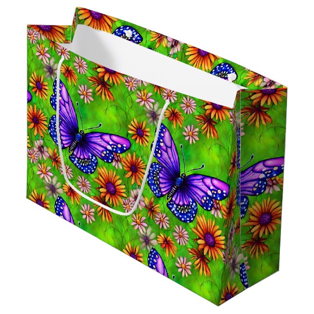 Bolsa De Regalo Grande Hermosa pradera de mariposa morada (Angulo Anverso)