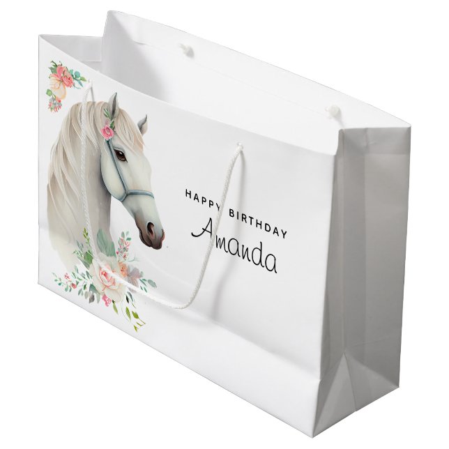 Bolsa De Regalo Grande Hermoso cumpleaños floral de Boho y caballos blanc (Angulo Anverso)