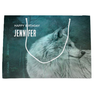 Bolsa De Regalo Grande Hermoso Lobo Gris en el cumpleaños de un bosque os