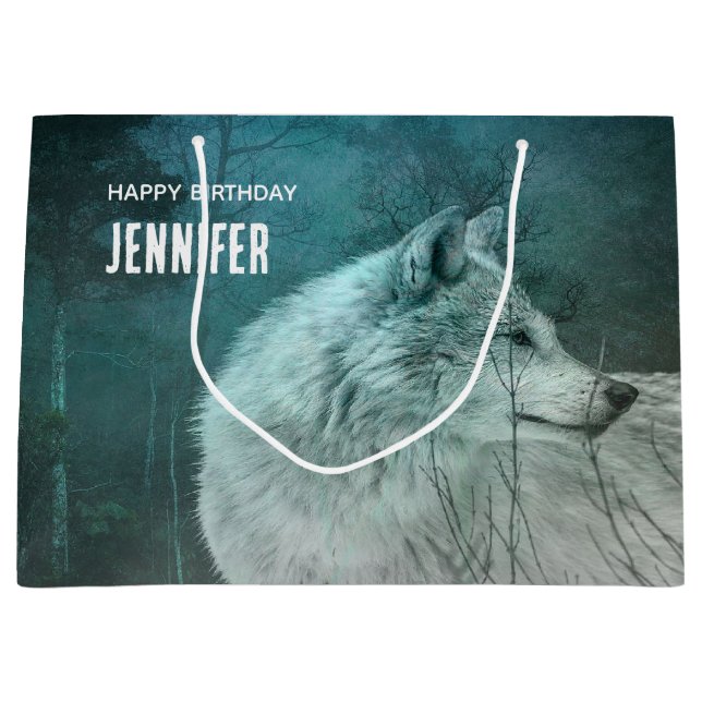 Bolsa De Regalo Grande Hermoso Lobo Gris en el cumpleaños de un bosque os (Anverso)