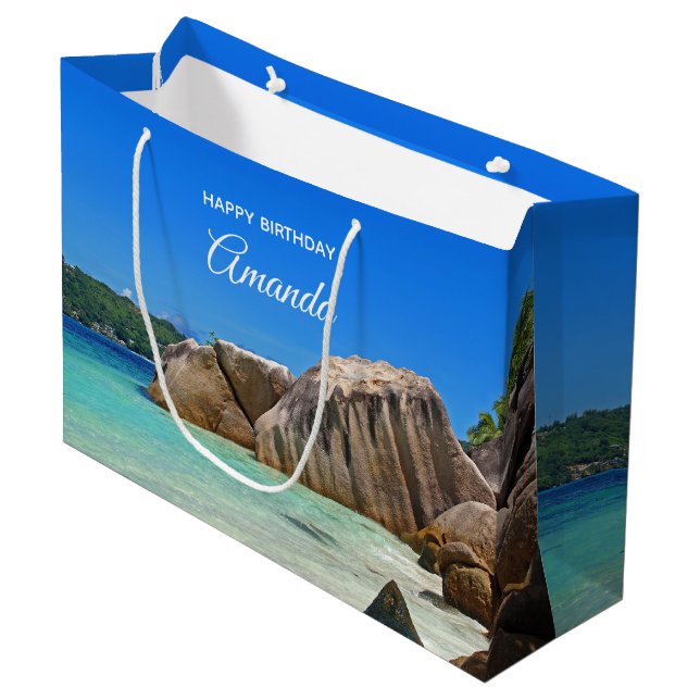 Bolsa De Regalo Grande Hermoso mar tropical con cumpleaños en una playa r (Angulo Anverso)