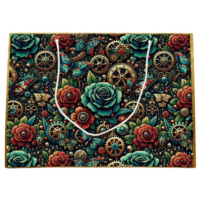 Bolsa De Regalo Grande Hermosos engranajes y Rosas temáticos de Steampunk (Anverso)