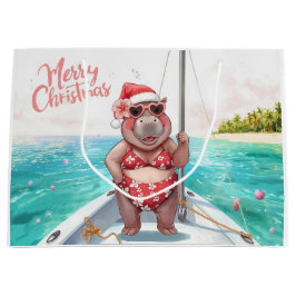 Bolsa De Regalo Grande Hipopótamo navegando en bikini de Navidad en ola g