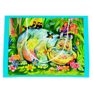 Bolsa De Regalo Grande hipopótamo y pájaros de colores vivos