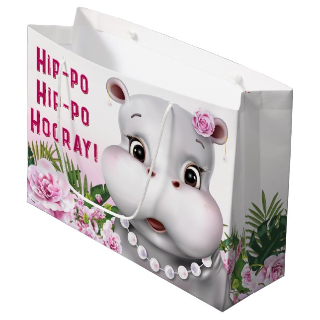 Bolsa De Regalo Grande Hippo Chica Floral Rosa Cumpleaños (Angulo Anverso)