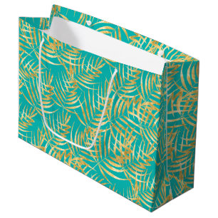 Bolsa De Regalo Grande Hojas de paleta dorada sobre turquesa
