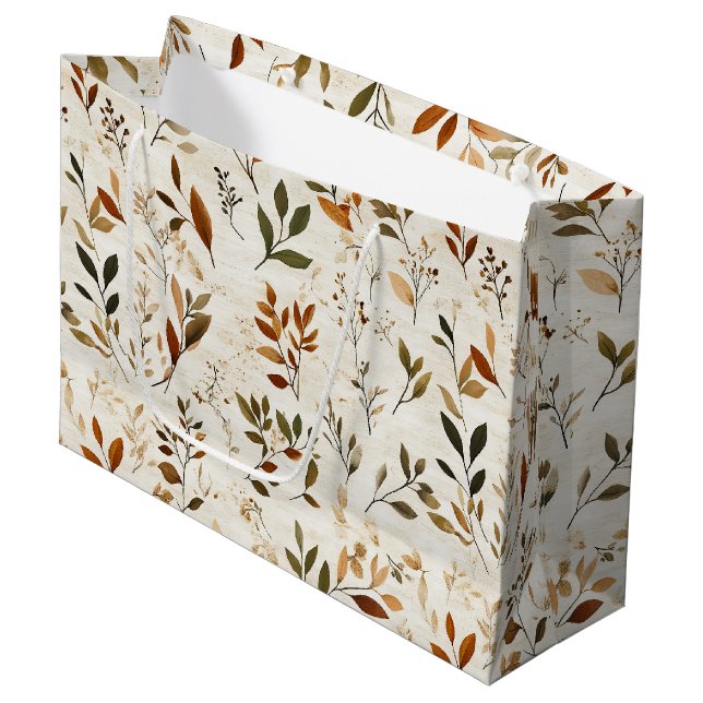 Bolsa De Regalo Grande Hojas Marrones Rústicas sobre Fondo Crema (Angulo Anverso)