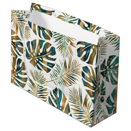 Bolsa De Regalo Grande Hojas tropicales con estampado verde azulado y dor