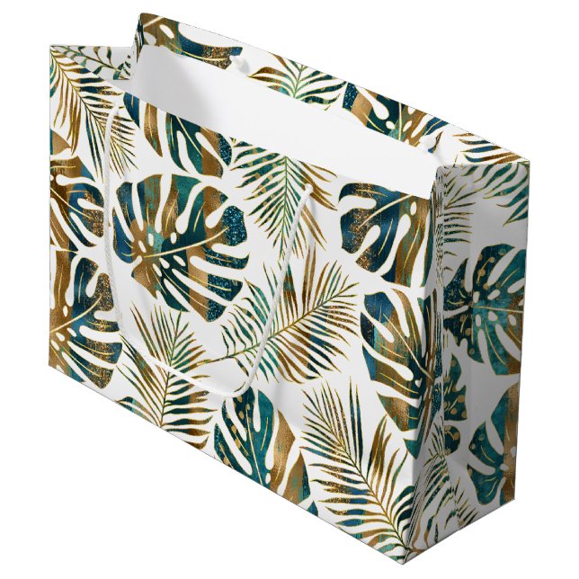 Bolsa De Regalo Grande Hojas tropicales con estampado verde azulado y dor (Angulo Anverso)