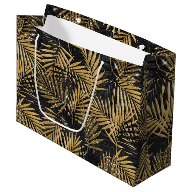 BOLSA DE REGALO GRANDE HOJAS TROPICALES NEGRAS Y ORO (Angulo Anverso)