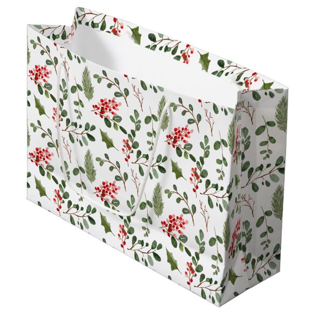 Bolsa De Regalo Grande Holiday Christmas Holly Leaves Berry Pattern (Angulo Anverso)