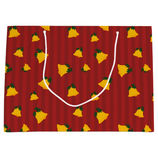 Bolsa De Regalo Grande Holiday Red Gold Stripe Bells Christmas (Anverso)