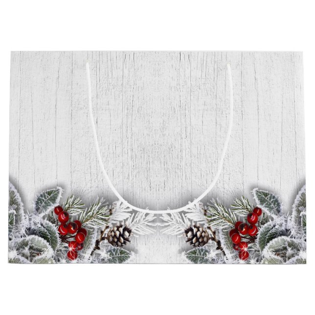 Bolsa De Regalo Grande Holly Berry Branch Rustic Navidades Holiday (Anverso)