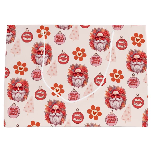 Bolsa De Regalo Grande Holly Jolly Santa Vibes Pink Retro Holiday (Anverso)