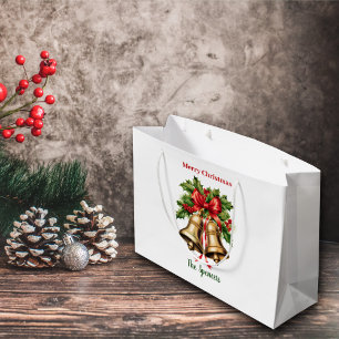 Bolsa De Regalo Grande Holly Leaves y Berries Gold Bells Feliz Navidad