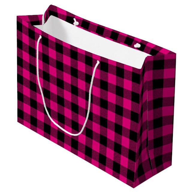 Bolsa De Regalo Grande Hot Pink and Black Gingham Plaid (Angulo Anverso)