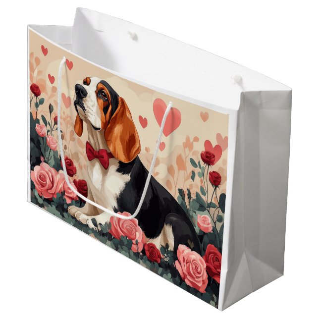 Bolsa De Regalo Grande Hound Basset con Rosas - El día de San Valentín (Angulo Anverso)