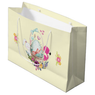 Bolsa De Regalo Grande Huevo dulce, flamencos rosados y conejito, acuarel