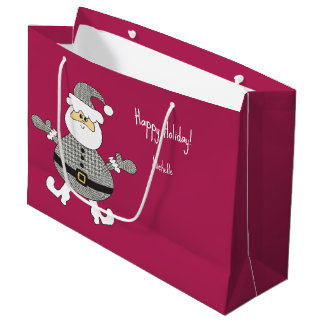 Bolsa De Regalo Grande Ilustración navideña de Santa Claus con cuadros gr