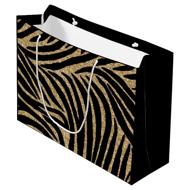 Bolsa De Regalo Grande Impresión de cebra de Purpurina negro y dorado (Angulo Anverso)