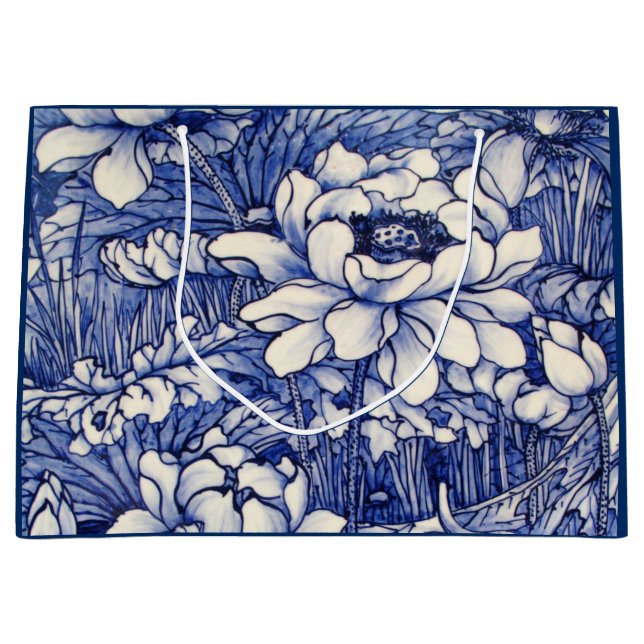 BOLSA DE REGALO GRANDE IMPRESIÓN FLORAL JAPONESA EN AZUL (Anverso)