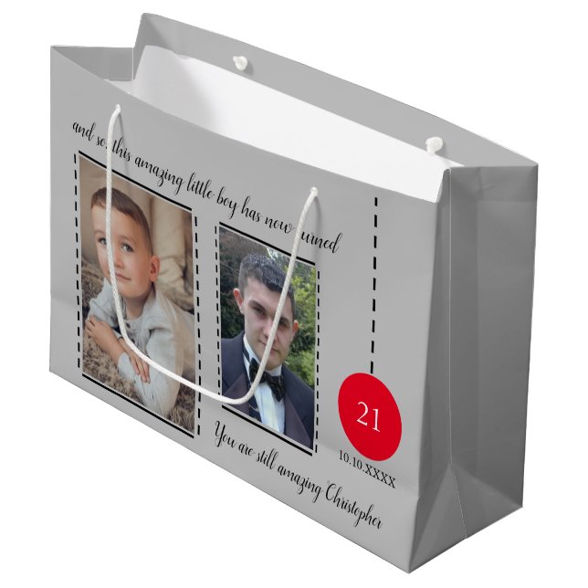 Bolsa De Regalo Grande Increíble nombre de cumpleaños número 21 con fotos (Angulo Anverso)