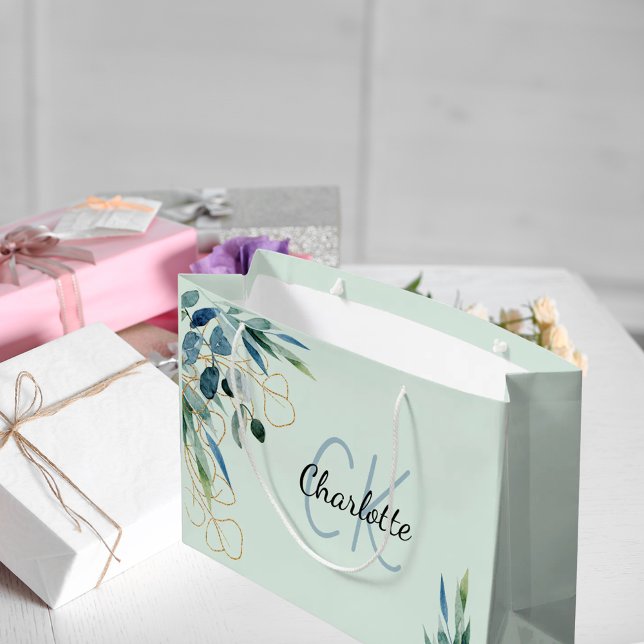 Bolsa De Regalo Grande Iniciales de monograma de follaje verde de eucalip (Subido por el creador)